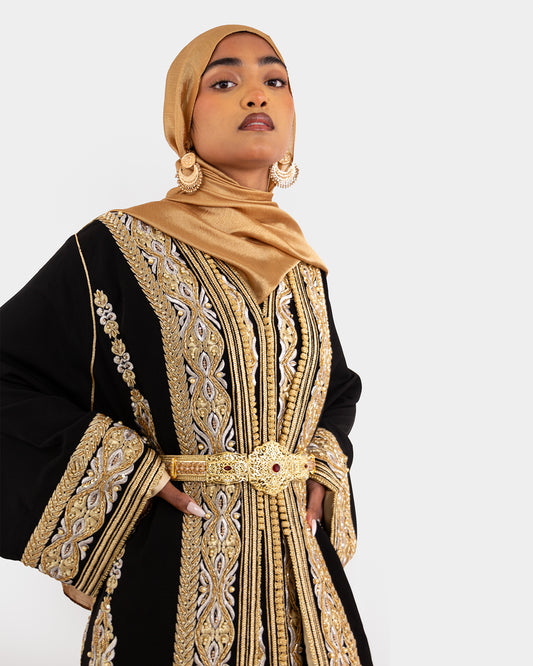 Black and Gold Embroidered Maxi Kaftan Dress