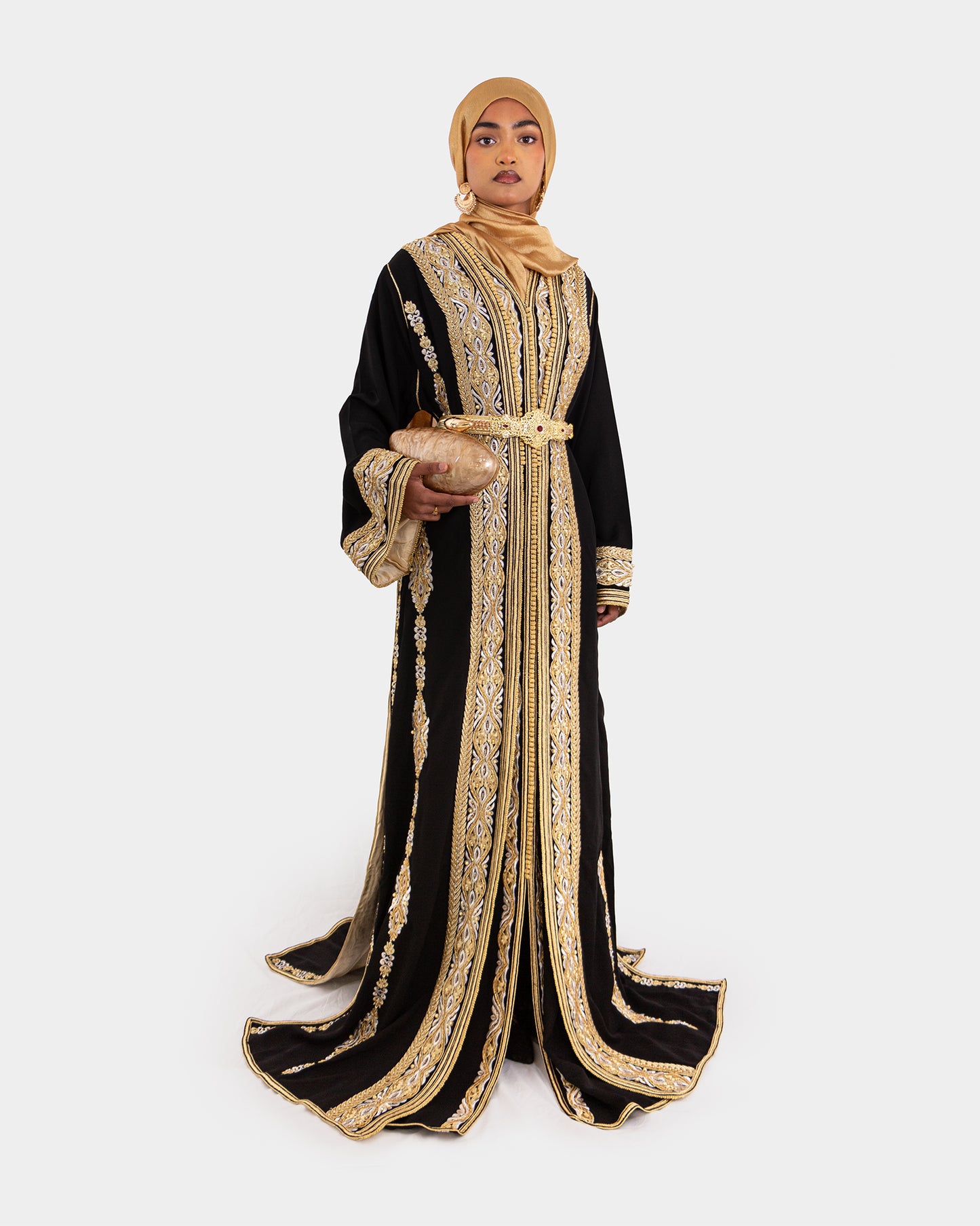 Black and Gold Embroidered Maxi Kaftan Dress