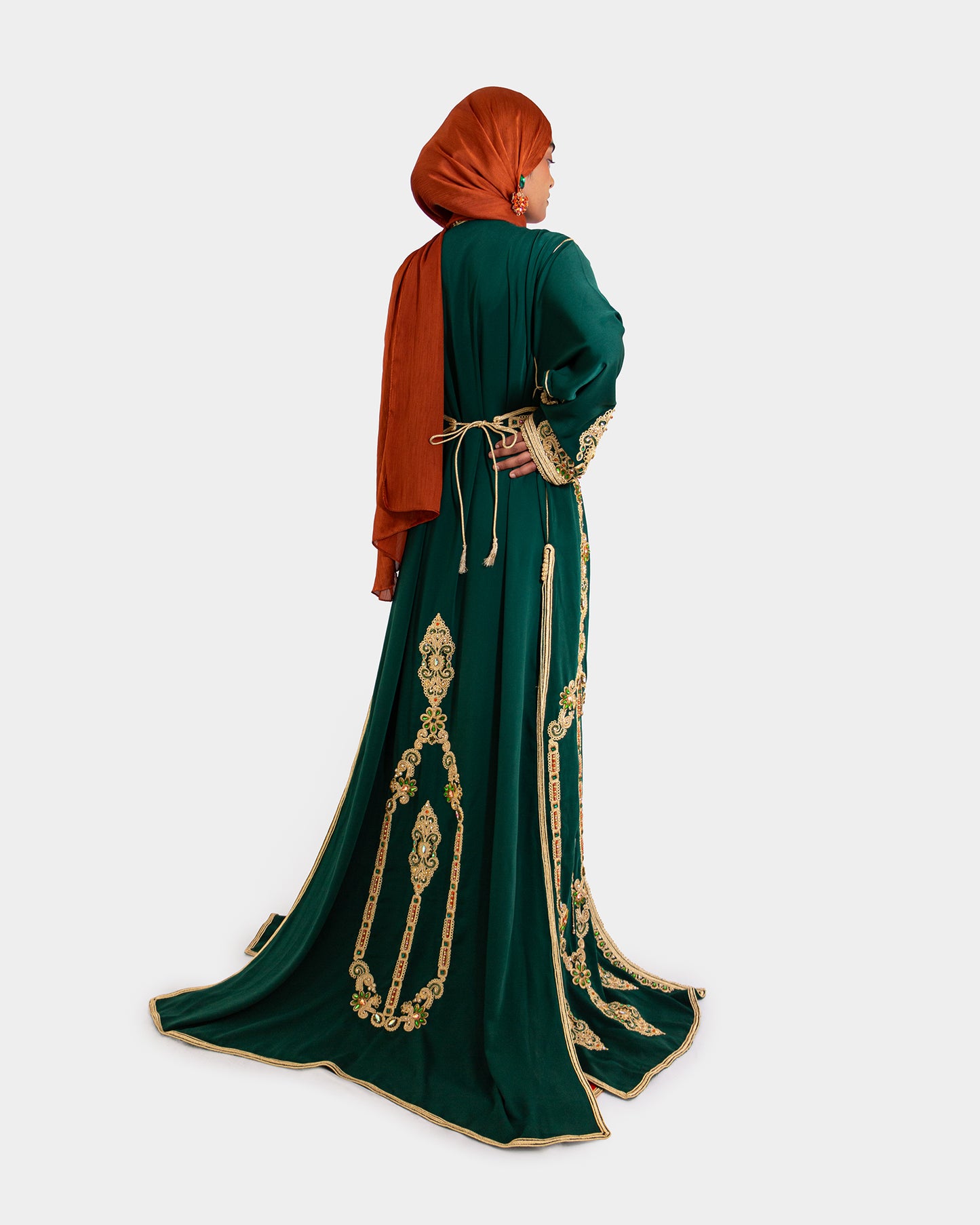 Green and Orange Embellished Maxi Kaftan Dress