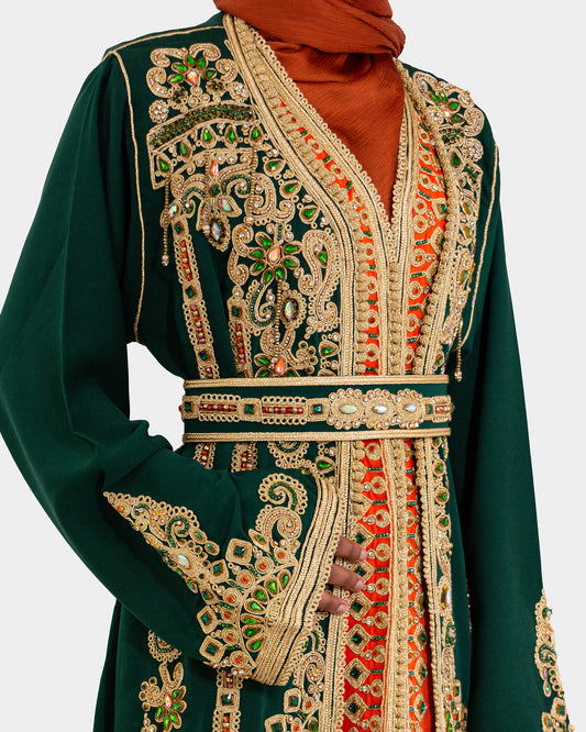 Green and Orange Embellished Maxi Kaftan Dress