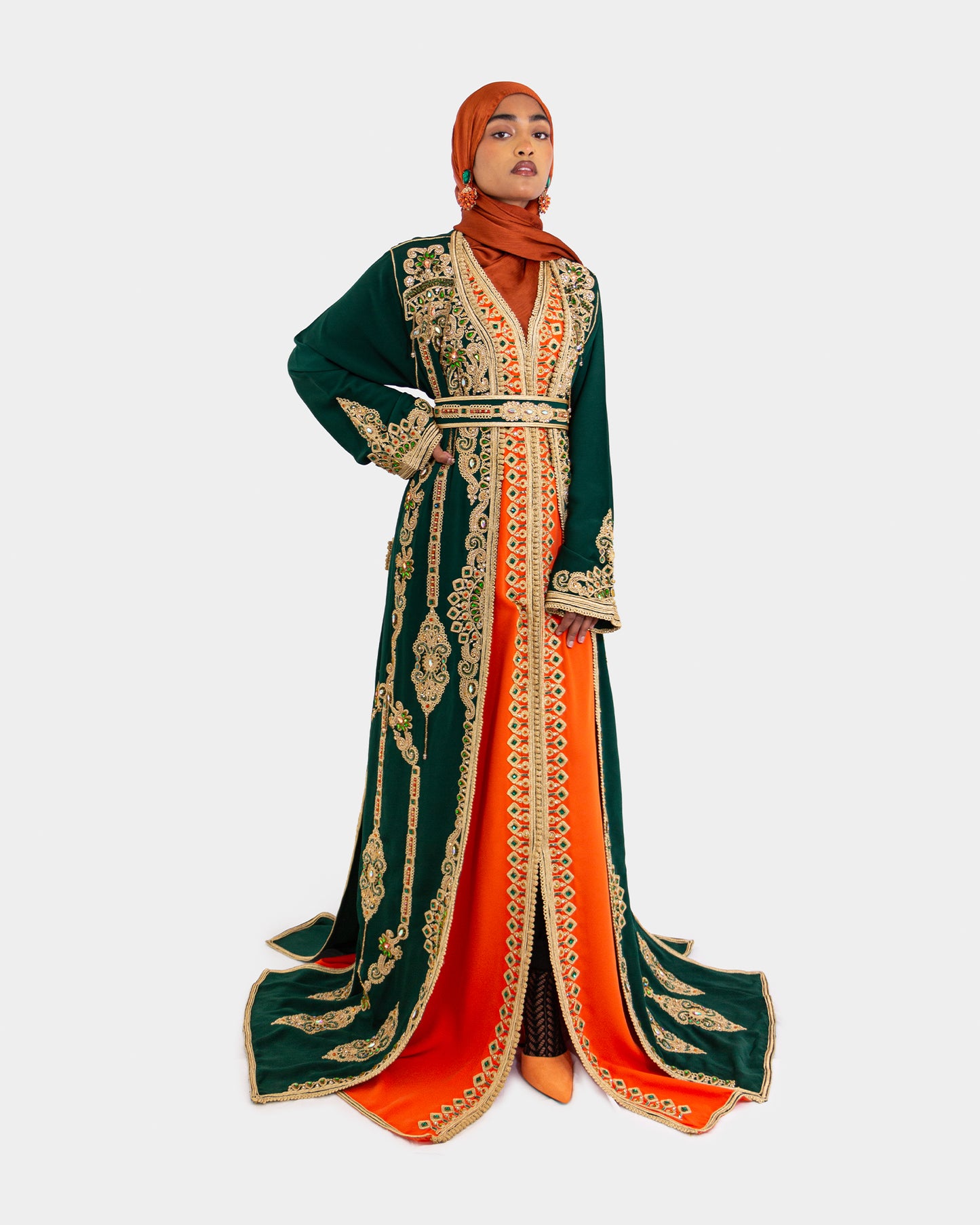 Green and Orange Embellished Maxi Kaftan Dress