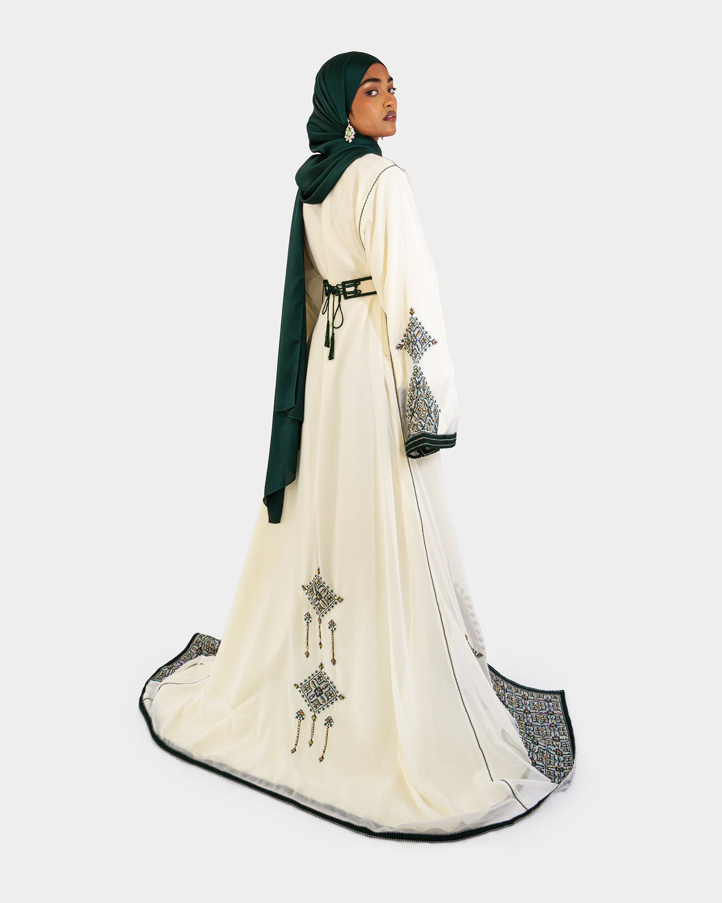 Ivory and Green Embellished Maxi Kaftan Dress