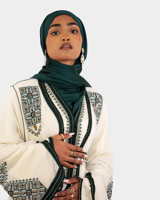 Ivory and Green Embellished Maxi Kaftan Dress