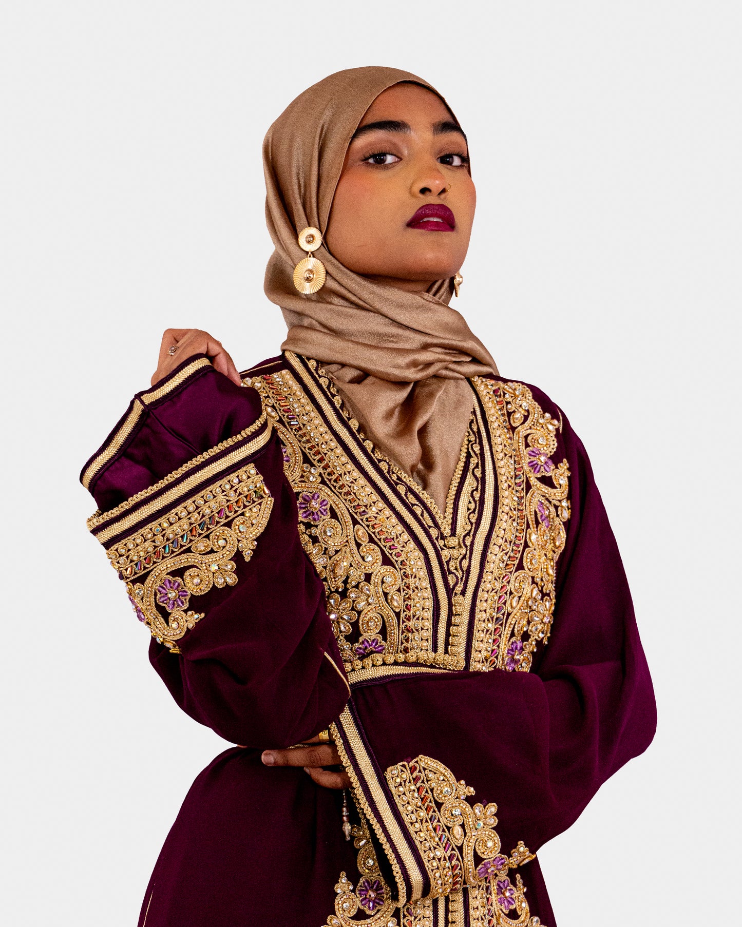 Purple and Gold Embellished Maxi Kaftan Dress