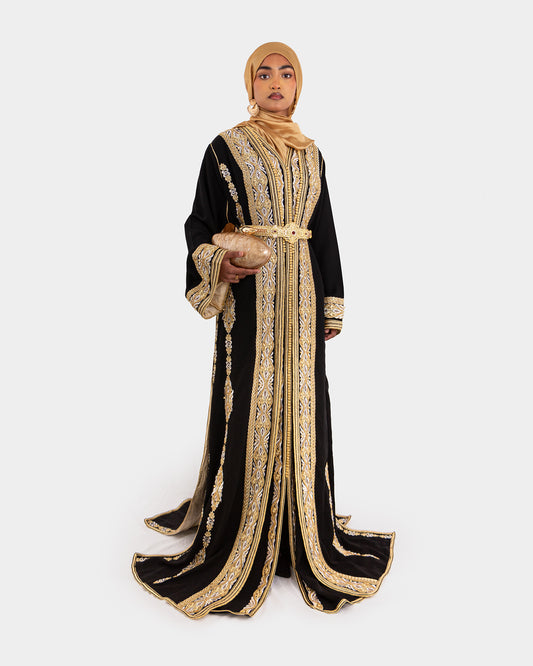 Black and Gold Embroidered Maxi Kaftan Dress