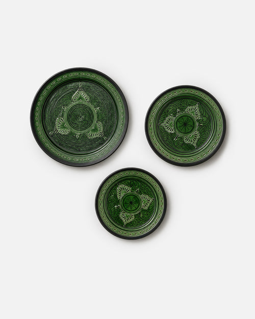 Forest Green and Black Round Carved Floral Medallion Ceramic Plate Set