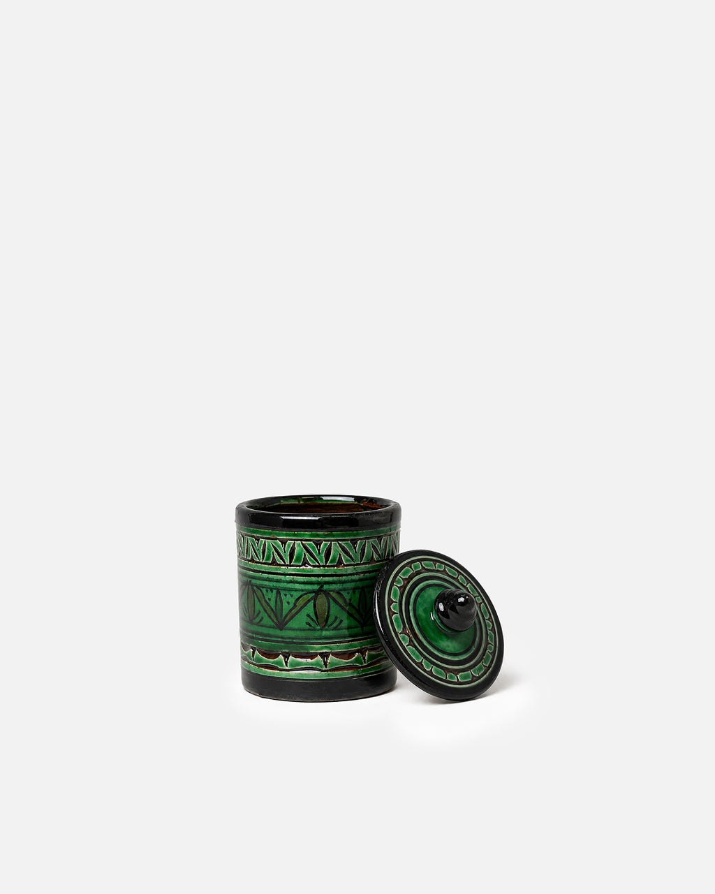 Forest Green Cylindrical Carved Band Ceramic Lidded Jar