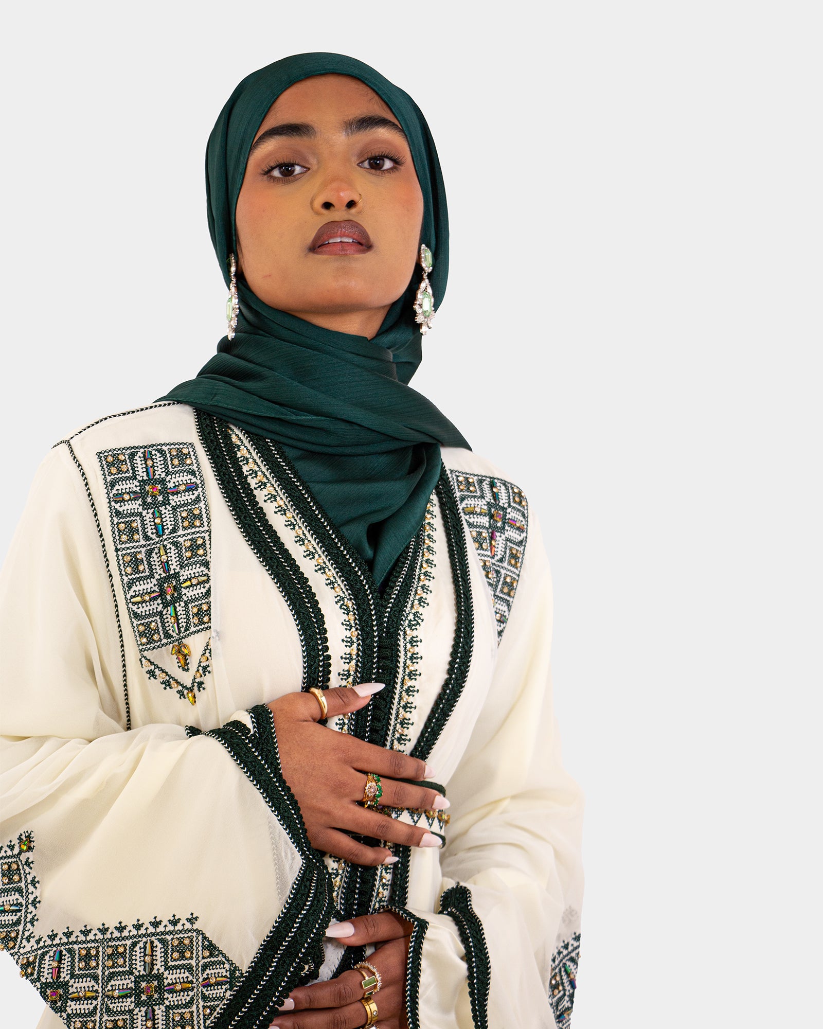Ivory and Green Embellished Maxi Kaftan Dress