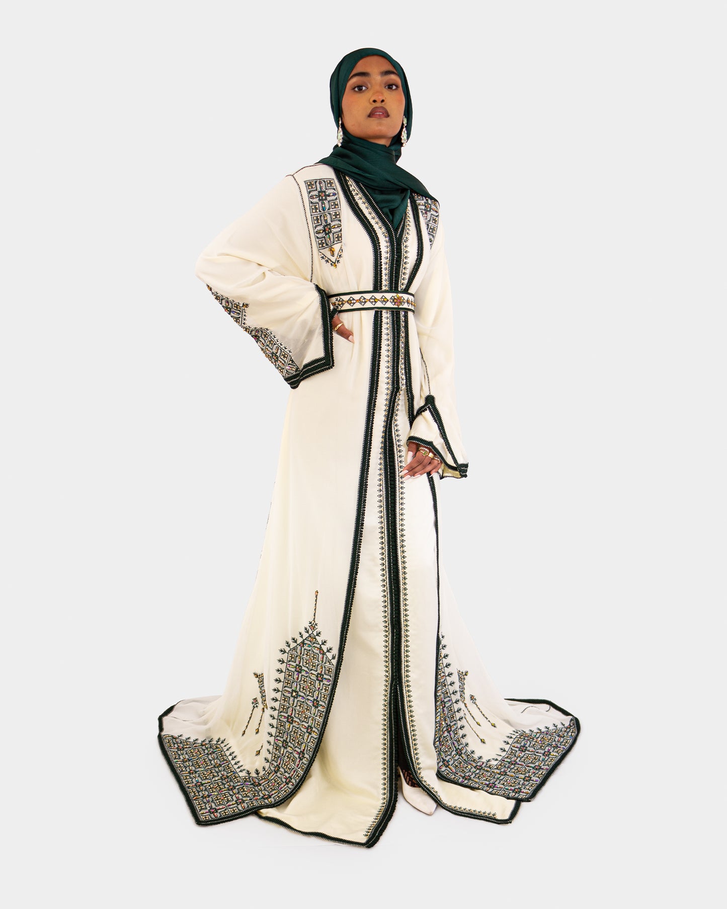 Ivory and Green Embellished Maxi Kaftan Dress