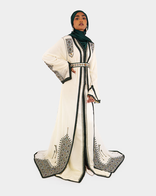 Ivory and Green Embellished Maxi Kaftan Dress
