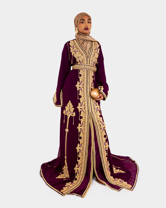 Purple and Gold Embellished Maxi Kaftan Dress